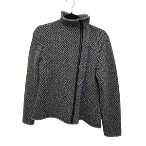 Eileen Fisher Italian Yarn Wool Blend Gray Herringbone Asymmetrical Zip Jacket W